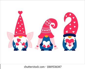 Valentine's cute gnomes - cupid, girl, and boy. Dwarfs holding hearts with love. Happy valentine's day. 14th February. Bundle of hand drawn gnomes. Scandinavian nordic character in cartoon style. 