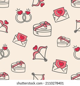 Valentines cute icon seamless pattern. Abstract line hand drawn cute romantic cartoon print design packaging gift wedding apparel clothing. Seamless pattern