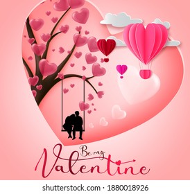 Valentines date vector background design. Be my valentine text with dating couple character sitting in swing with hearts tree paper cut element for romantic valentine's day.