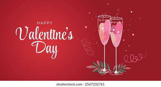 Valentines date vector background design. Holiday card. Happy valentine's day text with romantic elements like glasses of champagne. Vector illustration.	
