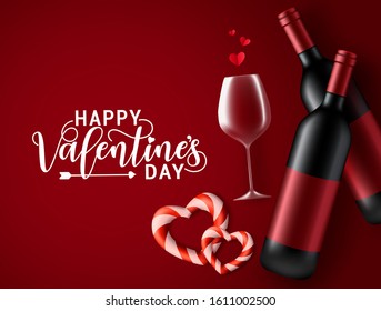 Valentines date with wine vector background. Happy valentines day greeting text with valentine dating element of champagne, wine glass, and heart shape decoration with empty space for messages. 