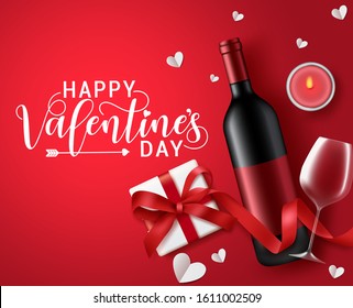 Valentines Dating Wine Vector Banner. Happy Valentines Day Greeting Text With Dating Champagne, Wine Glass, Candle Light And Gift Elements For Romantic Valentines Date In Red Background.