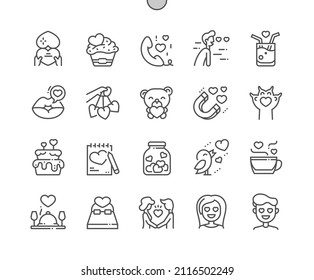 Valentines Day 14 February. Love bottle. Calendar. Fourteenth of february. Holiday. Wedding cake. Teddy bear. Pixel Perfect Vector Thin Line Icons. Simple Minimal Pictogram