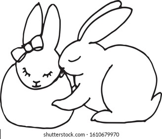 Valentine's day 14 february, lovr concept, a couple of sweet happy kissing handdrawn bunny. rabbits boy and girl