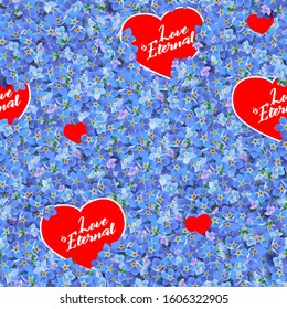 Valentine's day (14 february) for paper design. Seamless floral pattern with forget-me-nots and red hearts. 