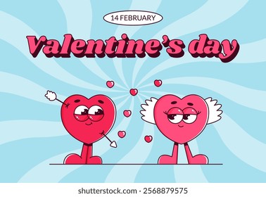 Valentines day, 14 february poster with lovely heart characters with face, cupids arrow and wings. Trendy retro groovy style. Vector illustration