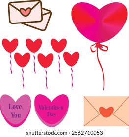 Valentines day 14 February vector illustration set of balloons, love messages icons 