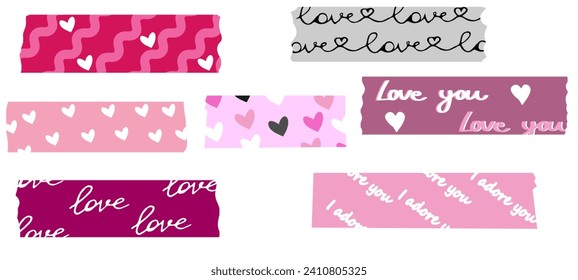 Valentines Day 14 February Washi tapes collection. Colorful scrapbook stripes, sticky label tags and decorative scotch strip with hearts. Border elements, paper sticker tape vector illustration.