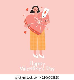 Valentine's Day! The 14th of February. Vector cute illustrations of woman in love with candy, a bouquet of flowers, a shop, a background with items and "for you". Drawings for postcard and poster