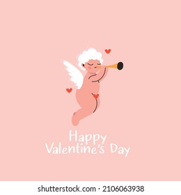 Valentine's Day! The 14th of February. Vector cute illustrations of cubid with hearts and flute. Сupid with bow, arrow and heart. Vector design element Drawings for postcard and poster