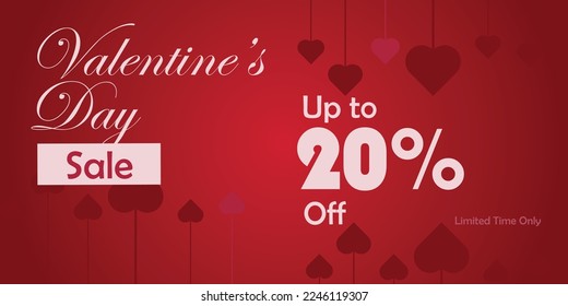 Valentine's day 20 percent off sale banner. Shop discount promotion banner. February 14 love and romance season. Limited time only.