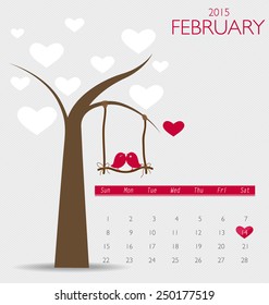 Valentines day. 2015 Calendar February. Vector illustration.