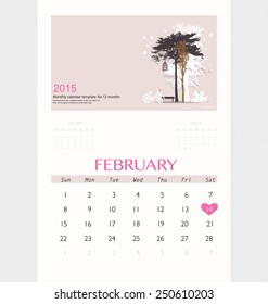 Valentines day. 2015 Calendar February. Vector illustration.