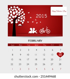 Valentines day. 2015 Calendar February. Vector illustration.
