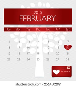 Valentines day. 2015 Calendar February. Vector illustration.