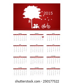 Valentines day. 2015 Calendar. Vector illustration.