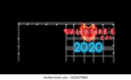  Valentine's day  2020 text label -  Neon, alphabet, heart,spot light,-  Background  black -Vector illustration.