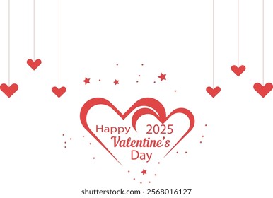 Valentine's Day 2025 vector featuring intertwined hearts, roses, and elegant typography in soft pinks and reds. Perfect for greeting cards, social media, and festive designs. Scalable and customizable