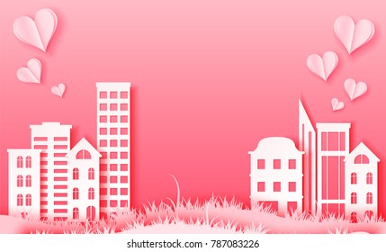 Valentine's day 3d abstract paper cut illustration of paper town with pink heart. Vector colorful template in carving art style. Love and City scape concept.