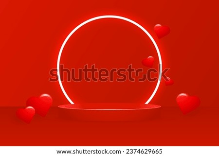 Valentine's Day 3D backdrop featuring a lifelike 3D platform adorned with glowing white neon circle and dimensional red hearts. Vector template discounts with a love-themed concept for Valentine's .