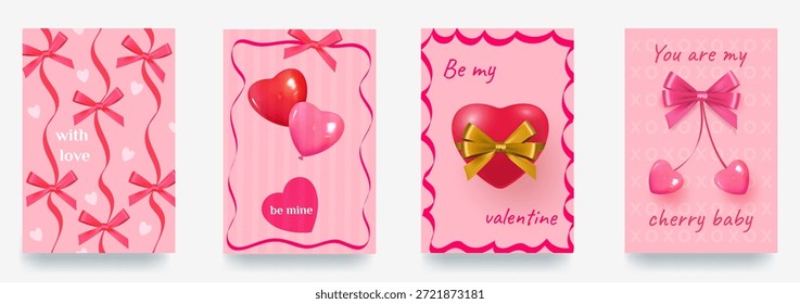 Fondo 3D del día de San Valentín con corazones rojos y rosados, lazos e inscripciones. Corazones, arcos e inscripciones. Ilustración vectorial.