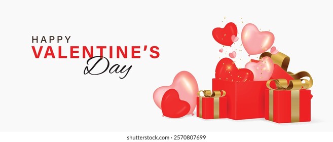 Valentine's day 3d design. Realistic red gifts boxes. Open gift box full of decorative festive object. Holiday banner, web poster, flyer, stylish brochure, greeting card, cover. Romantic background