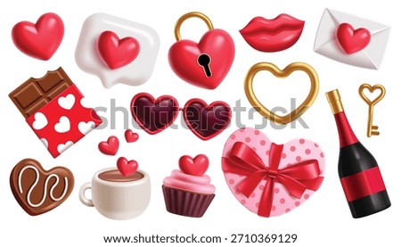 Valentine's day 3d elements clipart set. Set of Valentine's day 3d love element clip art like love letter, heart, wine, kiss mark, gift, chocolate, lock and key icon collection vector illustration.
