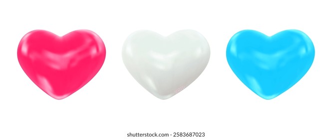 Valentine's Day 3d elements collection from glossy hearts white, pink, blue colors. Vector Illustration for design romantic events, valentine, certificate, banner