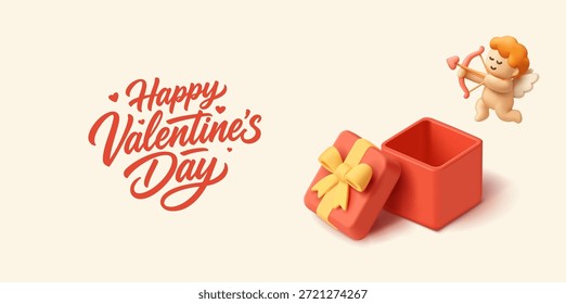Dia dos Namorados. Caixa de presente vermelha vazia 3D e cupido voador. Modelo de banner para anunciar produtos e mercadorias. Ilustração vetorial.