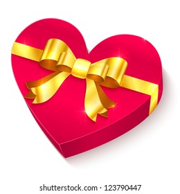 Valentines day 3D gift box: heart with golden bow and ribbon