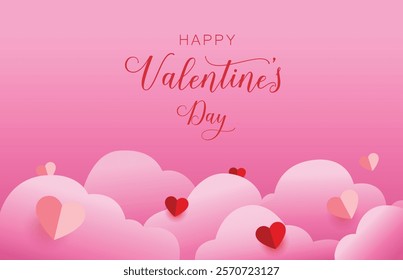 Valentine's day 3d heart. Cute love banner, romantic greeting card happy valentines day wishes text, red heart balloons for party vector romance concept