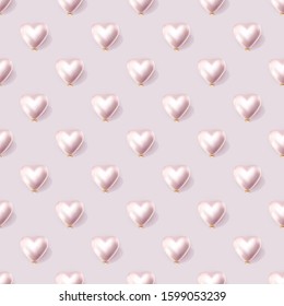 Valentines day 3d heart regular pastel seamless pattern. Heart shaped pearly helium balloons with golden ribbon on a light background, vector illustration