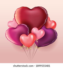 Valentines day 3d hearts. Cute love banner, romantic greeting card happy valentines day wishes text, red heart balloons vector concept