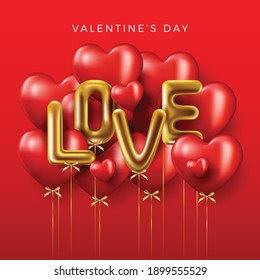 Valentines day 3d hearts. Cute love banner, romantic greeting card happy valentines day wishes text, red heart balloons vector concept