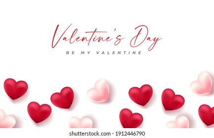 Valentines day 3d hearts. Cute love banner, romantic greeting card happy valentines day wishes text, red heart balloons vector concept