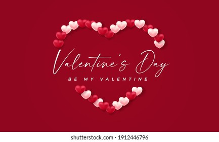 Valentines day 3d hearts. Cute love banner, romantic greeting card happy valentines day wishes text, red heart balloons vector concept