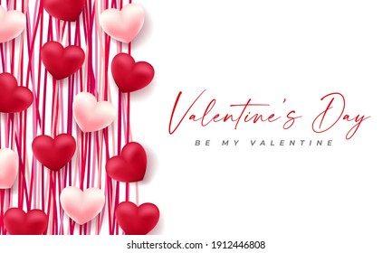 Valentines day 3d hearts. Cute love banner, romantic greeting card happy valentines day wishes text, red heart balloons vector concept