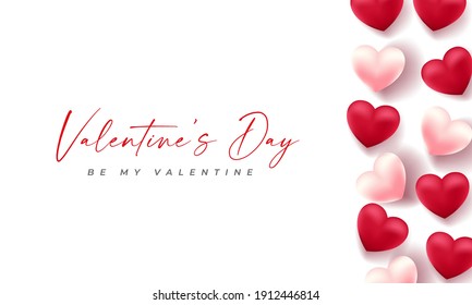 Valentines day 3d hearts. Cute love banner, romantic greeting card happy valentines day wishes text, red heart balloons vector concept