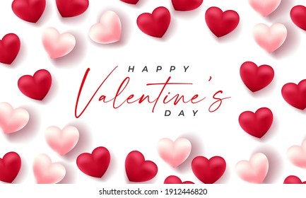 Valentines day 3d hearts. Cute love banner, romantic greeting card happy valentines day wishes text, red heart balloons vector concept
