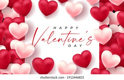 Valentines day 3d hearts. Cute love banner, romantic greeting card happy valentines day wishes text, red heart balloons vector concept