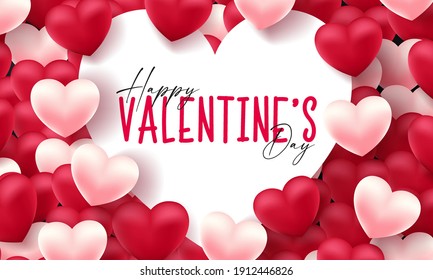 Valentines day 3d hearts. Cute love banner, romantic greeting card happy valentines day wishes text, red heart balloons vector concept