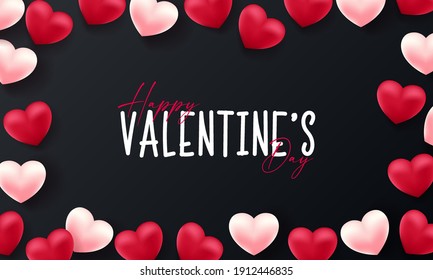 Valentines day 3d hearts. Cute love banner, romantic greeting card happy valentines day wishes text, red heart balloons vector concept