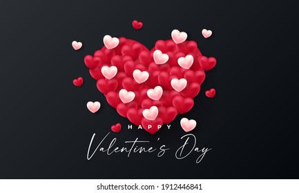 Valentines day 3d hearts. Cute love banner, romantic greeting card happy valentines day wishes text, red heart balloons vector concept