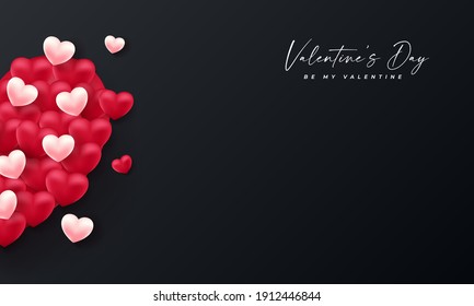 Valentines day 3d hearts. Cute love banner, romantic greeting card happy valentines day wishes text, red heart balloons vector concept