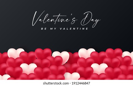 Valentines day 3d hearts. Cute love banner, romantic greeting card happy valentines day wishes text, red heart balloons vector concept
