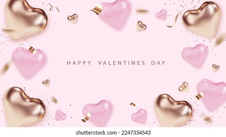Valentines day 3d hearts. Romantic greeting card, wishes happy valentines day. Party invitation with realistic rose and gold heart vector