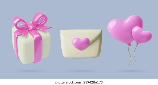 Valentine's Day 3D icons set. Gift box with pink bow, romantic letter and heart shape party balloons. Toy realistic three dimensional vector objects. collection. February 14 holiday decorations.