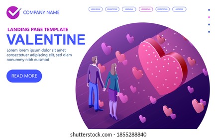 Concepto isométrico del tercer día de San Valentín, Una pareja en el amor, Construcción moderna, Un hombre y una chica que se aman el uno al otro, Banner de concepto vectorial isométrico, ilustración vectorial