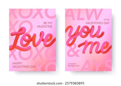 Valentines Day 3d love illustrations.Modern typography banner templates.Romantic greeting posters with 3d phrases,gradient background.Trendy vector concepts for prints,invitations,ad,covers,promos