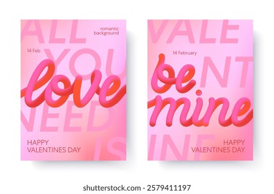 Valentines Day 3d love illustrations.Modern typography banner templates.Romantic greeting posters with 3d phrases,gradient pink backgrounds.Trendy vector concepts for prints,invitations,covers,promos